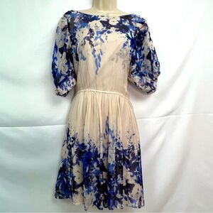 Eci Silk Watercolor floral blue and cream silk dress